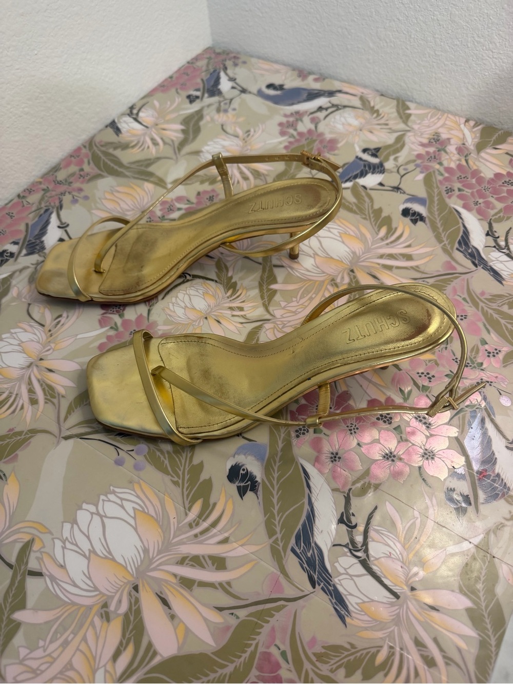 SCHUTZ Metallic Gold Strappy Square-Toe Heels - Picture 2 of 5